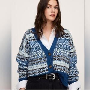Mango MNG Blue Button Jacquard Cardigan Large
